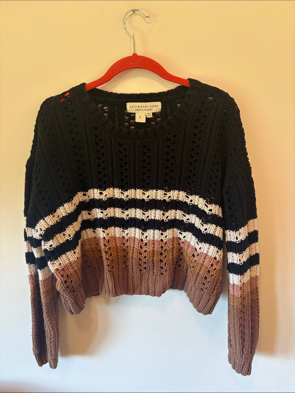 saltwater LUXE Black, White & Brown Striped Open-Knit Crew Sweater